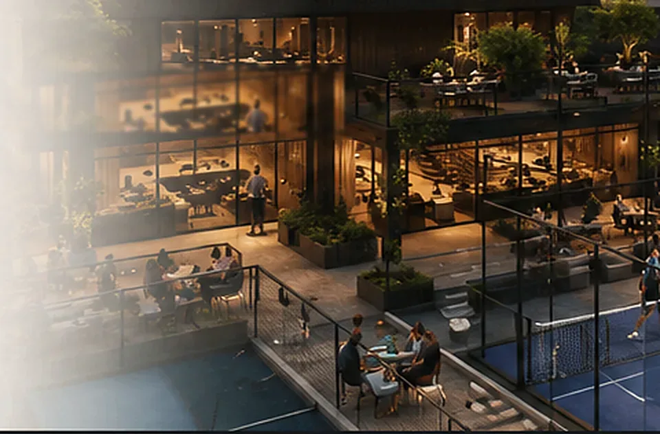 Concept rendering: rooftop padel courts at sunset with a city skyline behind.